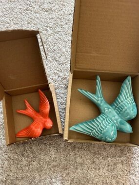 Ceramic Flying Bird Wall Accents - Teal and Coral
